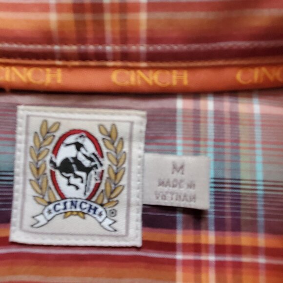 Cinch Men's Red Orange Plaid Long Sleeve Button Down Front Shirt Size Medium - Picture 7 of 11